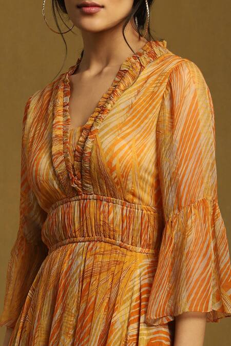 Shop_Ritu Kumar_Orange Viscose, Chiffon V-neck Leafy Print Layered Dress_Online_at_Aza_Fashions