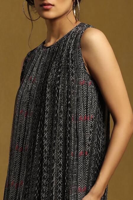 Shop Ritu Kumar Black Viscose, Chiffon Round Neck Geometric Print Sleeveless Dress Online at Aza Fashions Shop_Ritu Kumar_Black Viscose, Chiffon Round Neck Geometric Print Sleeveless Dress_Online_at_Aza_Fashions