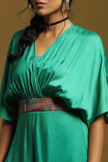 Shop Ritu Kumar Green Satin V-neck Pleated Yoke Kaftan Style Dress Online at Aza Fashions Shop_Ritu Kumar_Green Satin V-neck Pleated Yoke Kaftan Style Dress _Online_at_Aza_Fashions