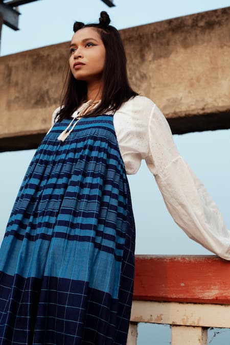 Buy Label Earthen Blue Cotton Applique Square Neck, Keyhole Handwoven Dress And Printed Shirt Set Online at Aza Fashions Buy_Label Earthen_Blue Cotton Applique Square Neck, Keyhole Handwoven Dress And Printed Shirt Set _Online_at_Aza_Fashions