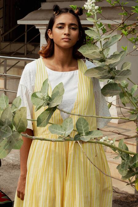 Buy Label Earthen Yellow Cotton Foil Printing V-, Boat Handwoven Dress And Printed Top Set Online at Aza Fashions Buy_Label Earthen_Yellow Cotton Foil Printing V-, Boat Handwoven Dress And Printed Top Set _Online_at_Aza_Fashions