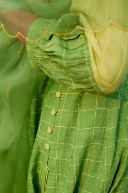 Shop_Label Earthen_Green Maheshwari, Cotton Embroidery Round Checkered Pattern Anarkali Pant Set_Online_at_Aza_Fashions
