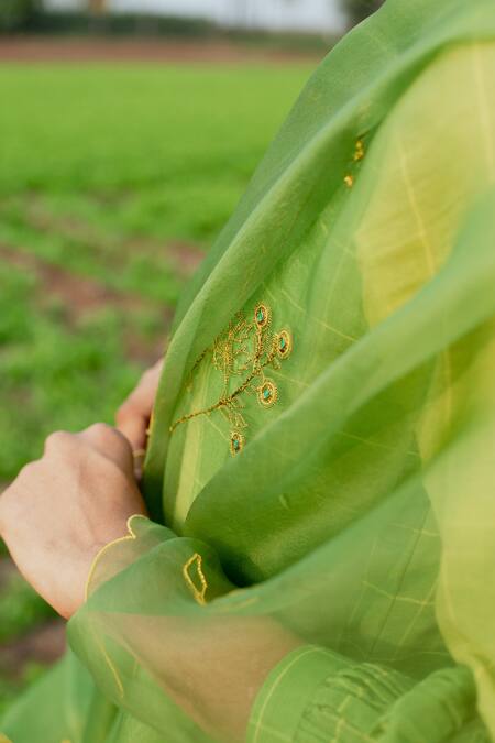 Label Earthen_Green Maheshwari, Cotton Embroidery Round Checkered Pattern Anarkali Pant Set_at_Aza_Fashions
