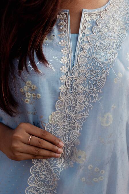 Buy Label Earthen Blue Cotton Foil Printing, Embroidery, Lace Round Neck Kurta Pant Set Online at Aza Fashions Buy_Label Earthen_Blue Cotton Foil Printing, Embroidery, Lace Round Neck Kurta Pant Set _Online_at_Aza_Fashions