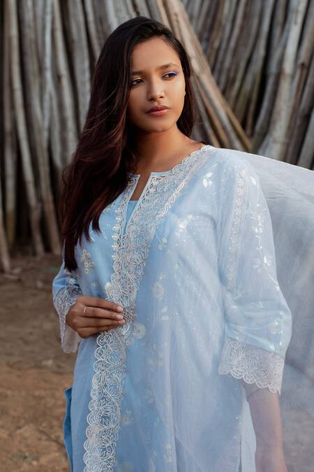 Shop Label Earthen Blue Cotton Foil Printing, Embroidery, Lace Round Neck Kurta Pant Set Online at Aza Fashions Shop_Label Earthen_Blue Cotton Foil Printing, Embroidery, Lace Round Neck Kurta Pant Set _Online_at_Aza_Fashions