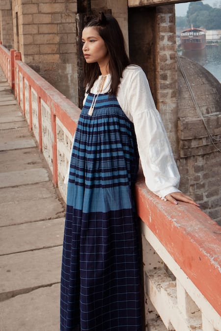 Shop Label Earthen Blue Cotton Applique Square Neck, Keyhole Handwoven Dress And Printed Shirt Set Online at Aza Fashions Shop_Label Earthen_Blue Cotton Applique Square Neck, Keyhole Handwoven Dress And Printed Shirt Set _Online_at_Aza_Fashions