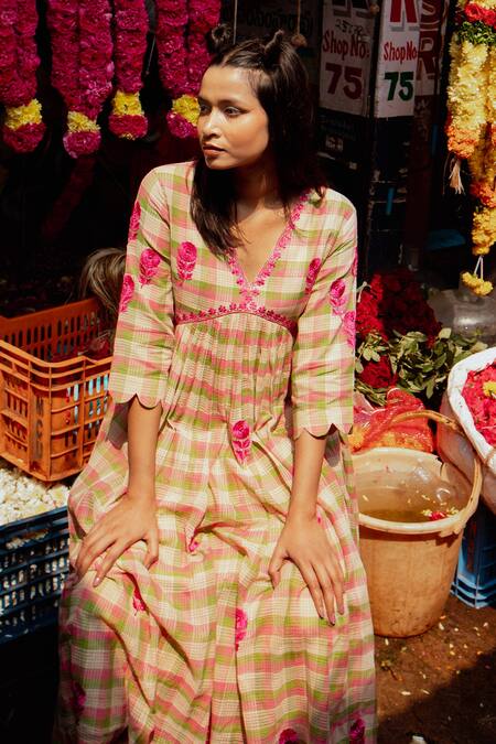 Shop Label Earthen Multi Color , Handloom Checkered Pattern Anarkali And Pant Set Online at Aza Fashions Shop_Label Earthen_Multi Color , Handloom Checkered Pattern Anarkali And Pant Set _Online_at_Aza_Fashions