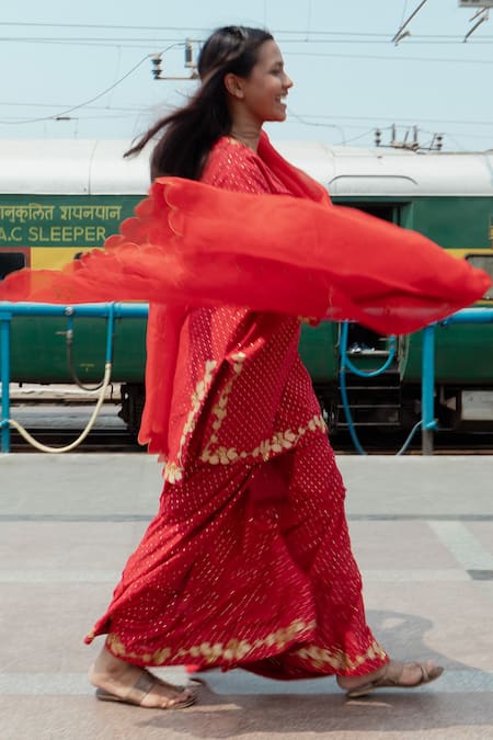 Label Earthen Red Handloom , Maheshwari, Sequins, Foil Print Kurta Sharara Set at Aza Fashions Label Earthen_Red Handloom , Maheshwari, Sequins, Foil Print Kurta Sharara Set _at_Aza_Fashions