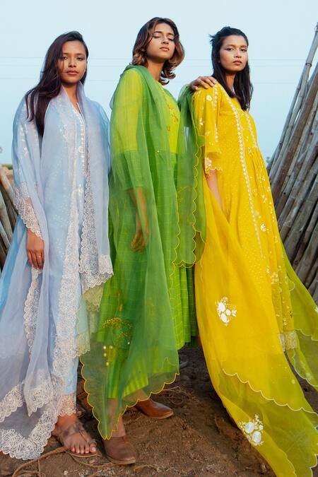 Buy Label Earthen Blue Cotton Foil Printing, Embroidery, Lace Round Neck Kurta Pant Set Buy_Label Earthen_Blue Cotton Foil Printing, Embroidery, Lace Round Neck Kurta Pant Set