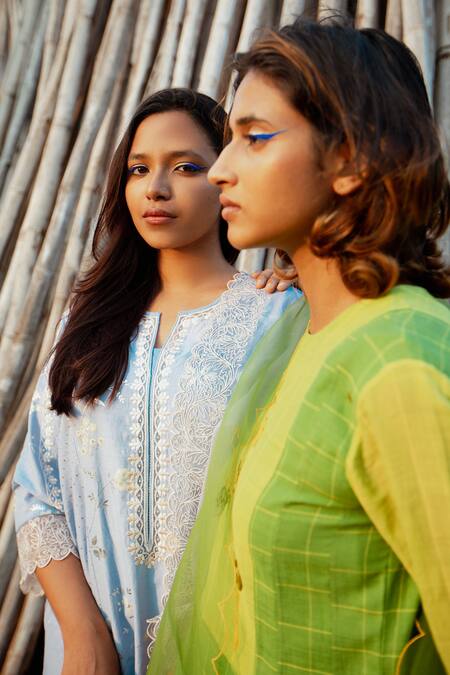 Shop Label Earthen Blue Cotton Foil Printing, Embroidery, Lace Round Neck Kurta Pant Set Shop_Label Earthen_Blue Cotton Foil Printing, Embroidery, Lace Round Neck Kurta Pant Set