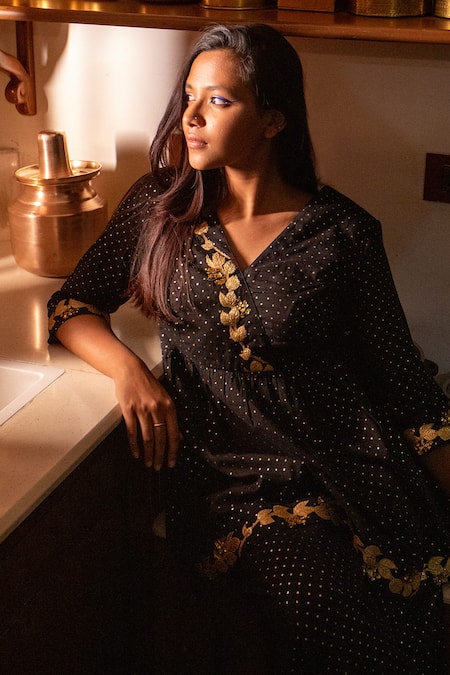 Buy_Label Earthen_Black Cotton Mal Printed And Embroidered Foil & Peplum Kurta Sharara Set _Online_at_Aza_Fashions