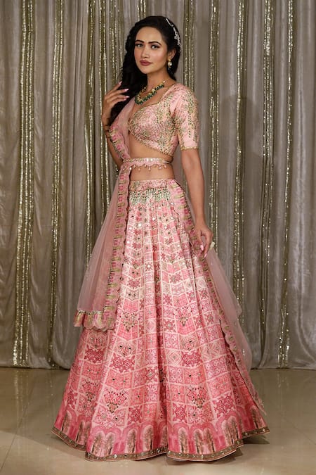 Archana Kochhar Pink Silk, Net Beads, Tassels, Mirrors, Roman Mosaic Print Bridal Lehenga Set Online at Aza Fashions Archana Kochhar_Pink Silk, Net Beads, Tassels, Mirrors, Roman Mosaic Print Bridal Lehenga Set _Online_at_Aza_Fashions