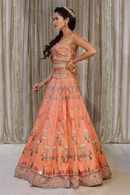 Orange Abstract Print Lehenga Set With Contrast Blouse And Dupatta And Belt  - Hijab Online