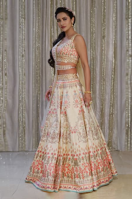 Archana Kochhar_Ivory Silk, Net Mirrors, Zari, Embroidery, Cut Work Floral Mughal Lehenga Set _Online_at_Aza_Fashions