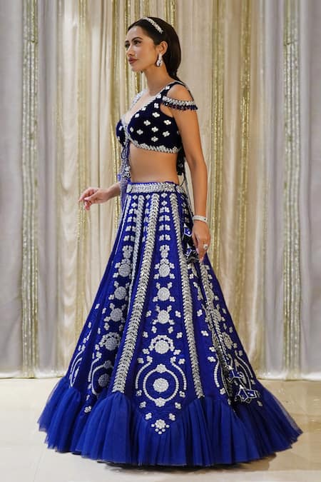 Buy Archana Kochhar Blue Silk, Net, Velvet Mirrors, Gota Patti Plunge Sheesh Embroidered Lehenga Set Online at Aza Fashions Buy_Archana Kochhar_Blue Silk, Net, Velvet Mirrors, Gota Patti Plunge Sheesh Embroidered Lehenga Set _Online_at_Aza_Fashions