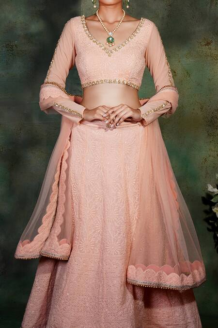 Archana Kochhar Peach Georgette, Lycra, Net Cut Work, Embroidery, Beads, Lucknowi Lehenga Set Online at Aza Fashions Archana Kochhar_Peach Georgette, Lycra, Net Cut Work, Embroidery, Beads, Lucknowi Lehenga Set _Online_at_Aza_Fashions