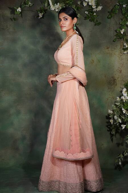 Buy Archana Kochhar Peach Georgette, Lycra, Net Cut Work, Embroidery, Beads, Lucknowi Lehenga Set Online at Aza Fashions Buy_Archana Kochhar_Peach Georgette, Lycra, Net Cut Work, Embroidery, Beads, Lucknowi Lehenga Set _Online_at_Aza_Fashions