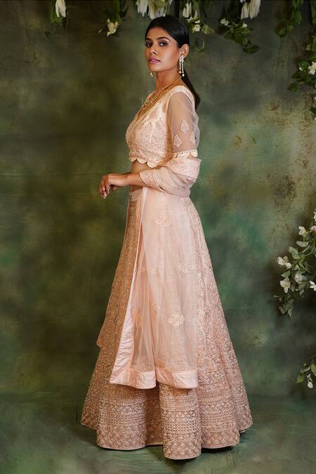 Buy Archana Kochhar Peach Net Beads, Stones, Embroidery, Cut Work Keyhole Floral Bridal Lehenga Set Online at Aza Fashions Buy_Archana Kochhar_Peach Net Beads, Stones, Embroidery, Cut Work Keyhole Floral Bridal Lehenga Set _Online_at_Aza_Fashions