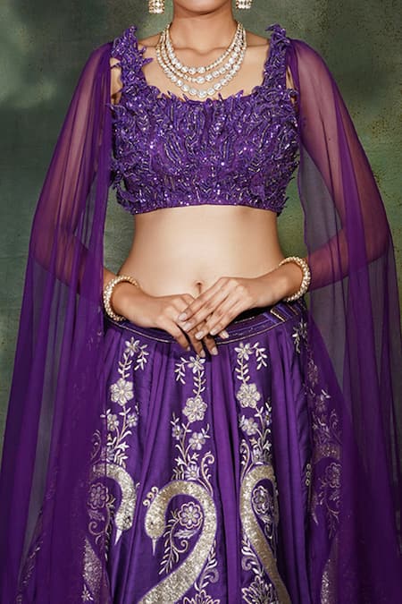 Archana Kochhar Purple Silk, Net Sequins, Stones Square Peacock Embroidered Lehenga And Blouse Set Online at Aza Fashions Archana Kochhar_Purple Silk, Net Sequins, Stones Square Peacock Embroidered Lehenga And Blouse Set _Online_at_Aza_Fashions