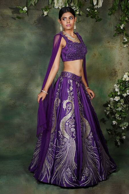 Buy Archana Kochhar Purple Silk, Net Sequins, Stones Square Peacock Embroidered Lehenga And Blouse Set Online at Aza Fashions Buy_Archana Kochhar_Purple Silk, Net Sequins, Stones Square Peacock Embroidered Lehenga And Blouse Set _Online_at_Aza_Fashions