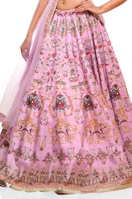 Buy Archana Kochhar Pink Silk, Net Embroidery, Mirrors, Flower Vine Print Lehenga Set With Belt Online at Aza Fashions Buy_Archana Kochhar_Pink Silk, Net Embroidery, Mirrors, Flower Vine Print Lehenga Set With Belt _Online_at_Aza_Fashions