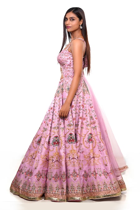 Shop Archana Kochhar Pink Silk, Net Embroidery, Mirrors, Flower Vine Print Lehenga Set With Belt Online at Aza Fashions Shop_Archana Kochhar_Pink Silk, Net Embroidery, Mirrors, Flower Vine Print Lehenga Set With Belt _Online_at_Aza_Fashions