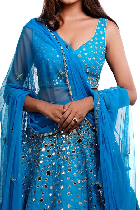 Archana Kochhar Blue Georgette, Silk Pom-poms, Tassels, Mirrors V-neck Work Lehenga Set Online at Aza Fashions Archana Kochhar_Blue Georgette, Silk Pom-poms, Tassels, Mirrors V-neck Work Lehenga Set _Online_at_Aza_Fashions