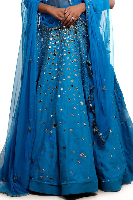 Buy Archana Kochhar Blue Georgette, Silk Pom-poms, Tassels, Mirrors V-neck Work Lehenga Set Online at Aza Fashions Buy_Archana Kochhar_Blue Georgette, Silk Pom-poms, Tassels, Mirrors V-neck Work Lehenga Set _Online_at_Aza_Fashions