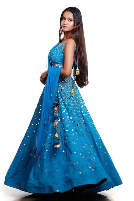 Shop Archana Kochhar Blue Georgette, Silk Pom-poms, Tassels, Mirrors V-neck Work Lehenga Set Online at Aza Fashions Shop_Archana Kochhar_Blue Georgette, Silk Pom-poms, Tassels, Mirrors V-neck Work Lehenga Set _Online_at_Aza_Fashions