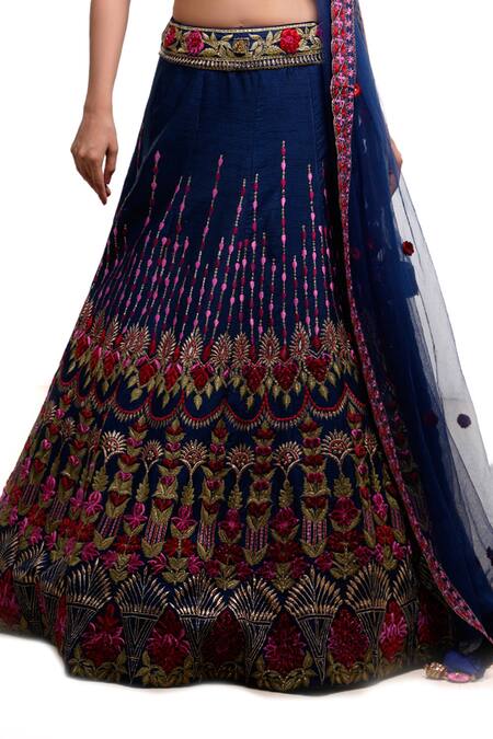 Archana Kochhar Blue Silk, Net Sequins, Embroidery, Cut Work V-neck Raw Floral Lehenga Set Online at Aza Fashions Archana Kochhar_Blue Silk, Net Sequins, Embroidery, Cut Work V-neck Raw Floral Lehenga Set _Online_at_Aza_Fashions