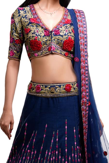 Buy Archana Kochhar Blue Silk, Net Sequins, Embroidery, Cut Work V-neck Raw Floral Lehenga Set Online at Aza Fashions Buy_Archana Kochhar_Blue Silk, Net Sequins, Embroidery, Cut Work V-neck Raw Floral Lehenga Set _Online_at_Aza_Fashions