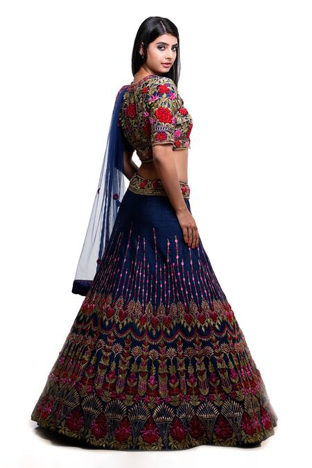 Shop Archana Kochhar Blue Silk, Net Sequins, Embroidery, Cut Work V-neck Raw Floral Lehenga Set Online at Aza Fashions Shop_Archana Kochhar_Blue Silk, Net Sequins, Embroidery, Cut Work V-neck Raw Floral Lehenga Set _Online_at_Aza_Fashions