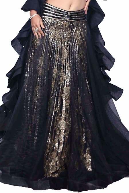 Buy_Archana Kochhar_Black Georgette, Net Sequins, Embroidery Plunge Neck And Floral Lehenga Set _Online_at_Aza_Fashions