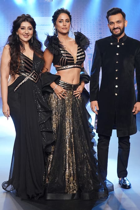 Shop_Archana Kochhar_Black Georgette, Net Sequins, Embroidery Plunge Neck And Floral Lehenga Set _Online_at_Aza_Fashions