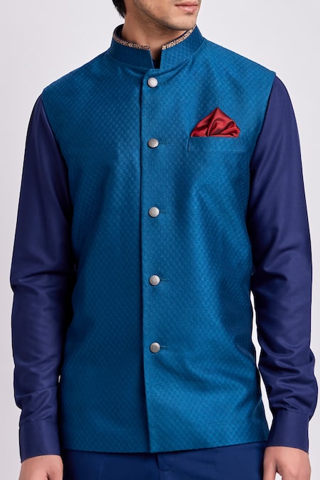 Bubber Couture Blue Silk Sleeveless Trellis Pattern Nehru Jacket Online at Aza Fashions Bubber Couture_Blue Silk Sleeveless Trellis Pattern Nehru Jacket _Online_at_Aza_Fashions