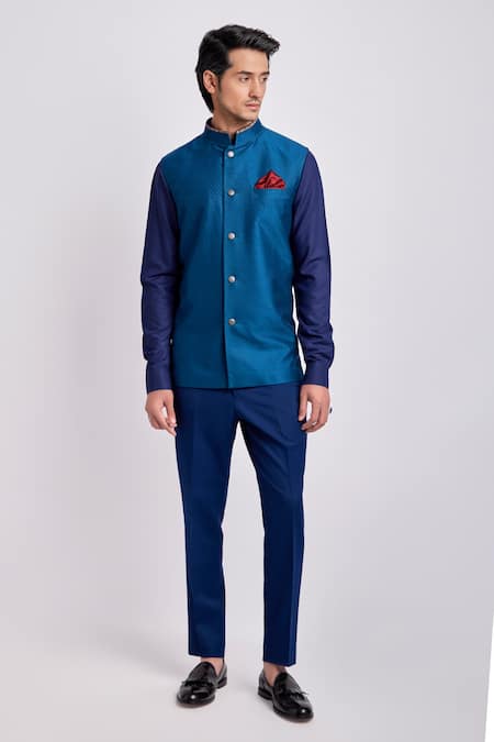 Buy Bubber Couture Blue Silk Sleeveless Trellis Pattern Nehru Jacket Online at Aza Fashions Buy_Bubber Couture_Blue Silk Sleeveless Trellis Pattern Nehru Jacket _Online_at_Aza_Fashions