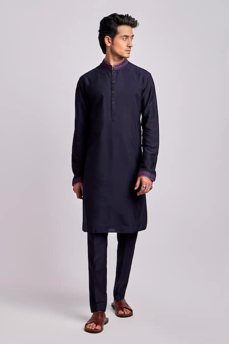 Buy Bubber Couture Blue Cotton, Silk Embroidery Leonid Placement Kurta With Pant Online at Aza Fashions Buy_Bubber Couture_Blue Cotton, Silk Embroidery Leonid Placement Kurta With Pant _Online_at_Aza_Fashions