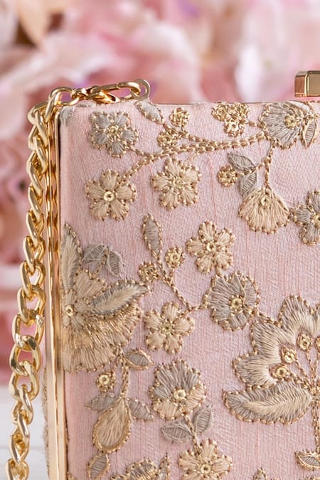 Amyra_Peach Embroidery Leya Floral Clutch With Sling _Online_at_Aza_Fashions