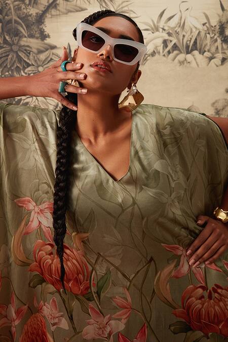Buy Kalista Green Viscose, Satin V-neck Daisey Botanical Print Kaftan And Pant Set Online at Aza Fashions Buy_Kalista_Green Viscose, Satin V-neck Daisey Botanical Print Kaftan And Pant Set _Online_at_Aza_Fashions