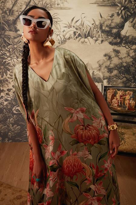 Shop Kalista Green Viscose, Satin V-neck Daisey Botanical Print Kaftan And Pant Set Online at Aza Fashions Shop_Kalista_Green Viscose, Satin V-neck Daisey Botanical Print Kaftan And Pant Set _Online_at_Aza_Fashions