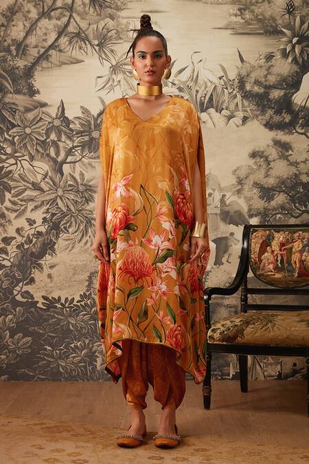 Kalista_Yellow Viscose, Satin V-neck Daisey Botanical Print Kaftan And Dhoti Pant Set _Online_at_Aza_Fashions