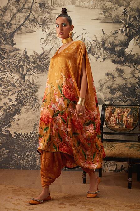Buy_Kalista_Yellow Viscose, Satin V-neck Daisey Botanical Print Kaftan And Dhoti Pant Set _Online_at_Aza_Fashions