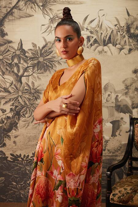 Shop_Kalista_Yellow Viscose, Satin V-neck Daisey Botanical Print Kaftan And Dhoti Pant Set _Online_at_Aza_Fashions