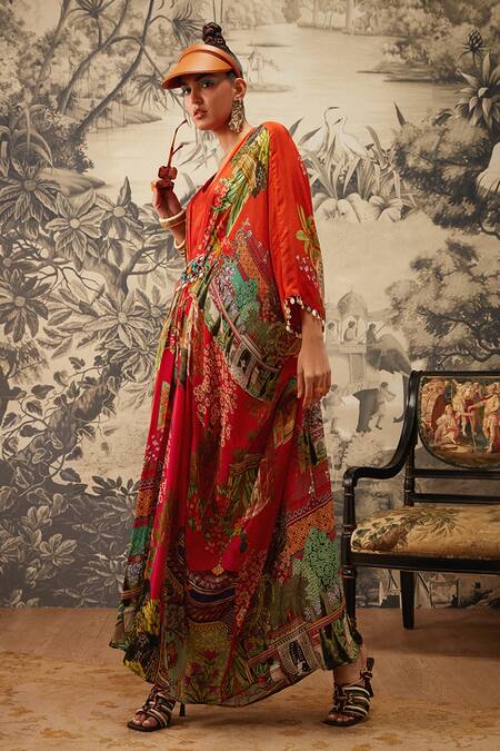 Kalista_Orange Crepe Embroidery, Beads V-neck Aamna Mughal Print Kaftan _Online_at_Aza_Fashions