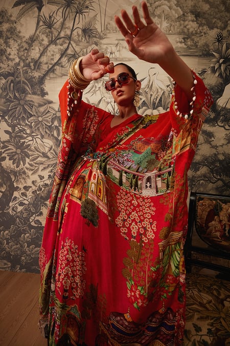 Buy_Kalista_Orange Crepe Embroidery, Beads V-neck Aamna Mughal Print Kaftan _Online_at_Aza_Fashions