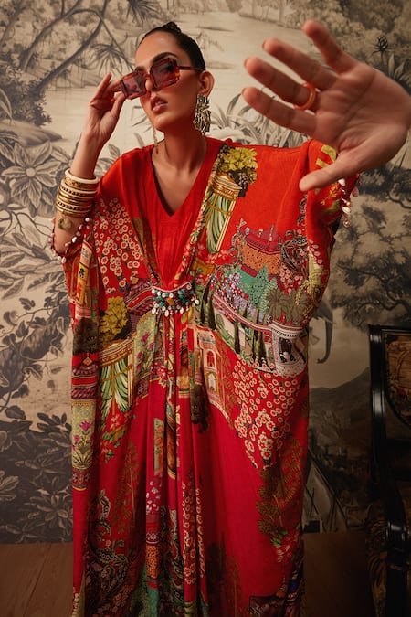 Shop_Kalista_Orange Crepe Embroidery, Beads V-neck Aamna Mughal Print Kaftan _Online_at_Aza_Fashions