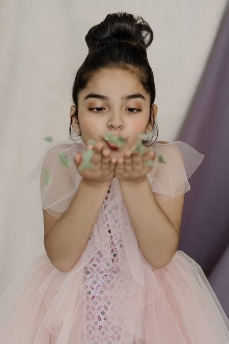 Swati Golyan_Pink Net Embroidery Geometric Ruffle Layer Dress  _Online_at_Aza_Fashions