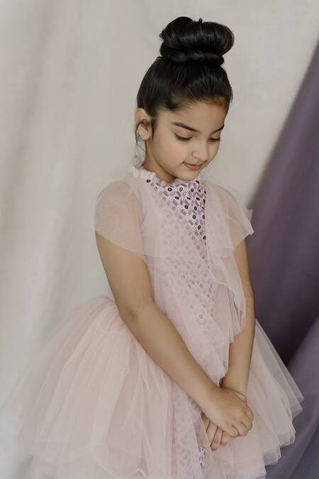 Buy_Swati Golyan_Pink Net Embroidery Geometric Ruffle Layer Dress  _Online_at_Aza_Fashions