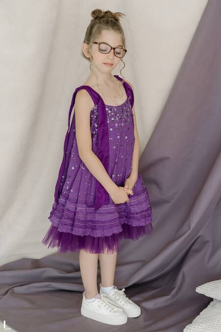 Shop Swati Golyan Purple Cotton Embroidery Sequins Frill Dress Online at Aza Fashions Shop_Swati Golyan_Purple Cotton Embroidery Sequins Frill Dress _Online_at_Aza_Fashions