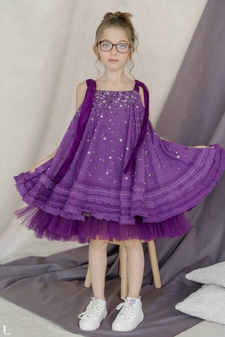 Swati Golyan Purple Cotton Embroidery Sequins Frill Dress at Aza Fashions Swati Golyan_Purple Cotton Embroidery Sequins Frill Dress _at_Aza_Fashions